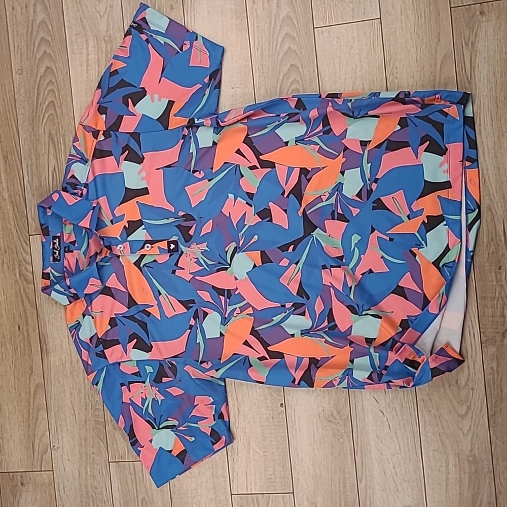 BAD BIRDIE Floral Block Multicolor Abstract L Mens Polo Golf Short Sleeve Shirt